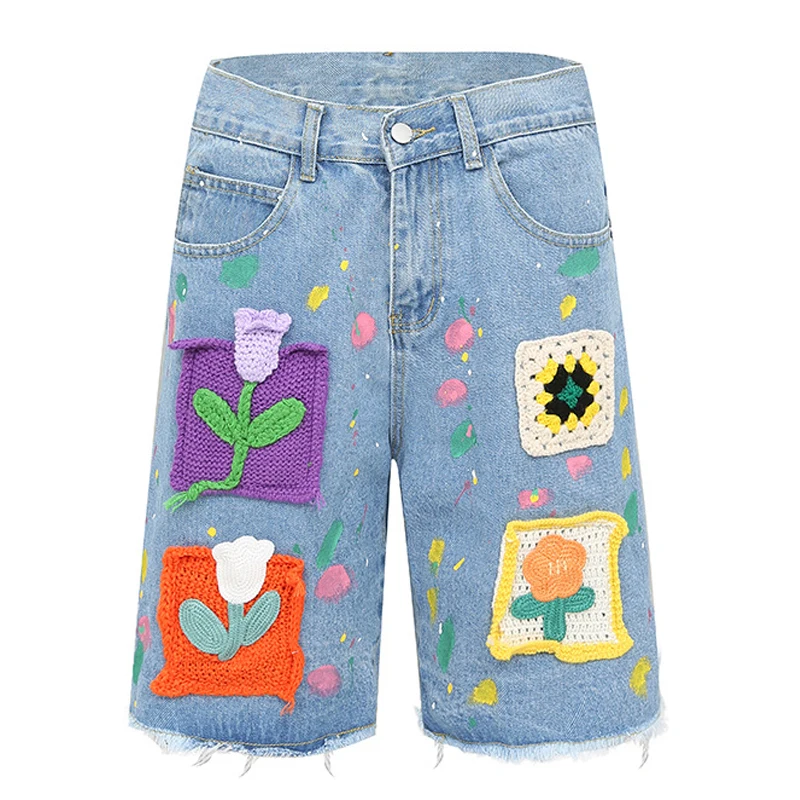 Harajuku Vintage Knitted floral Pattern Denim Shorts Men\'s Oversized Straight Cut Jeans Casual Loose Shorts College Pants Y2K