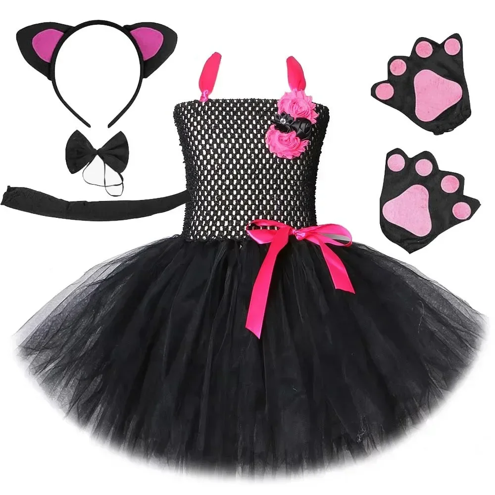 

Baby Girls Hot Pink Black Cat Costumes for Kids Animal Halloween Outfit Little Kitty Ballet Tutu Dress with Ears Bowtie Tail Set