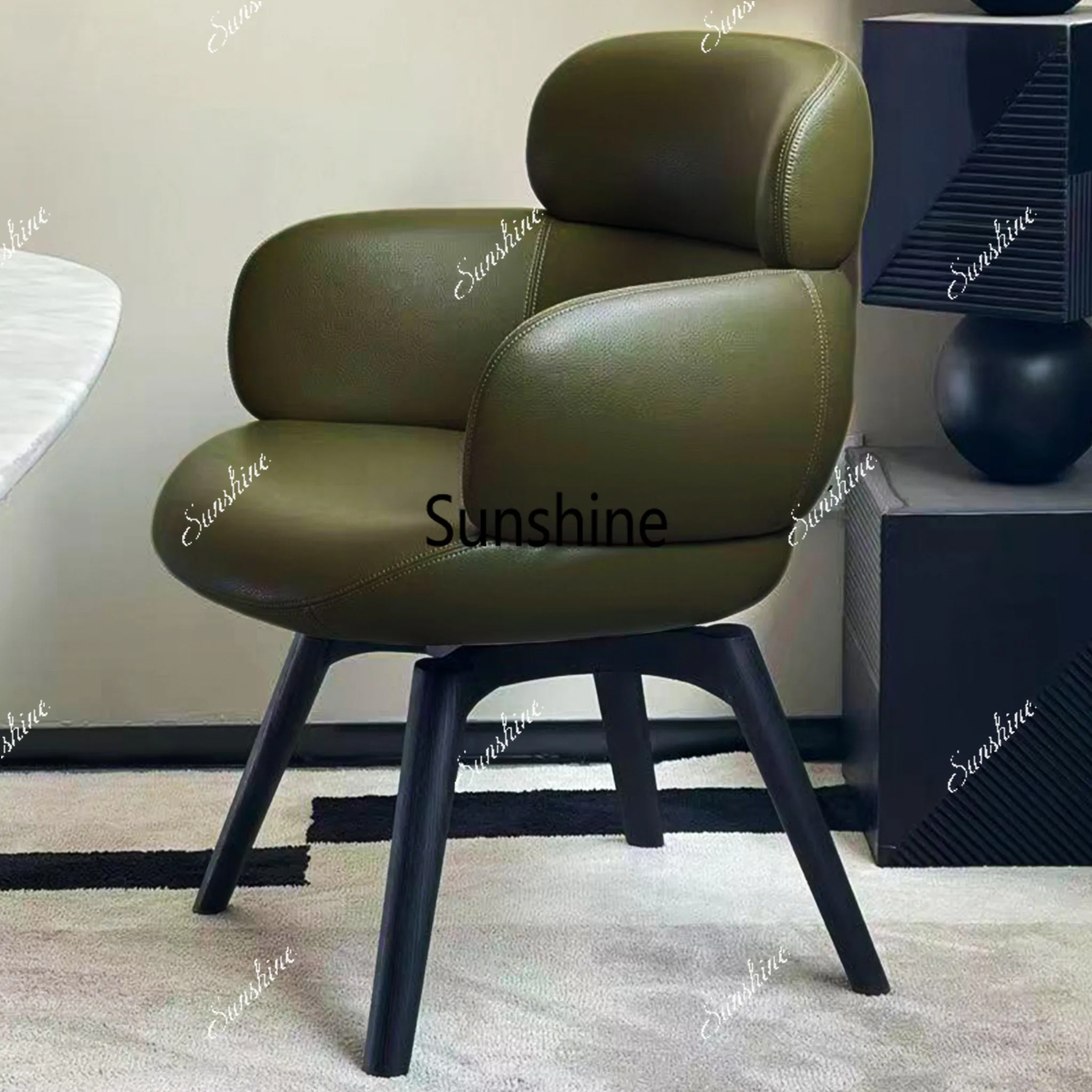 Modern simple leather single sofa solid wood rotating dining chair