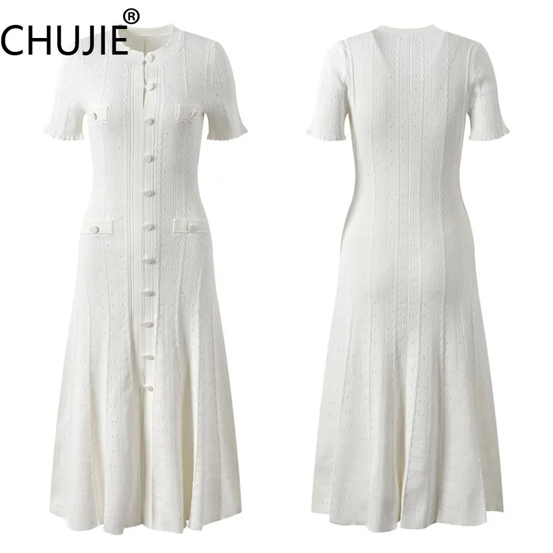 

Mushroom Edge Knit Dress - Short Sleeve Hollow Knit - Single-Breasted French Style - Viscose Blend