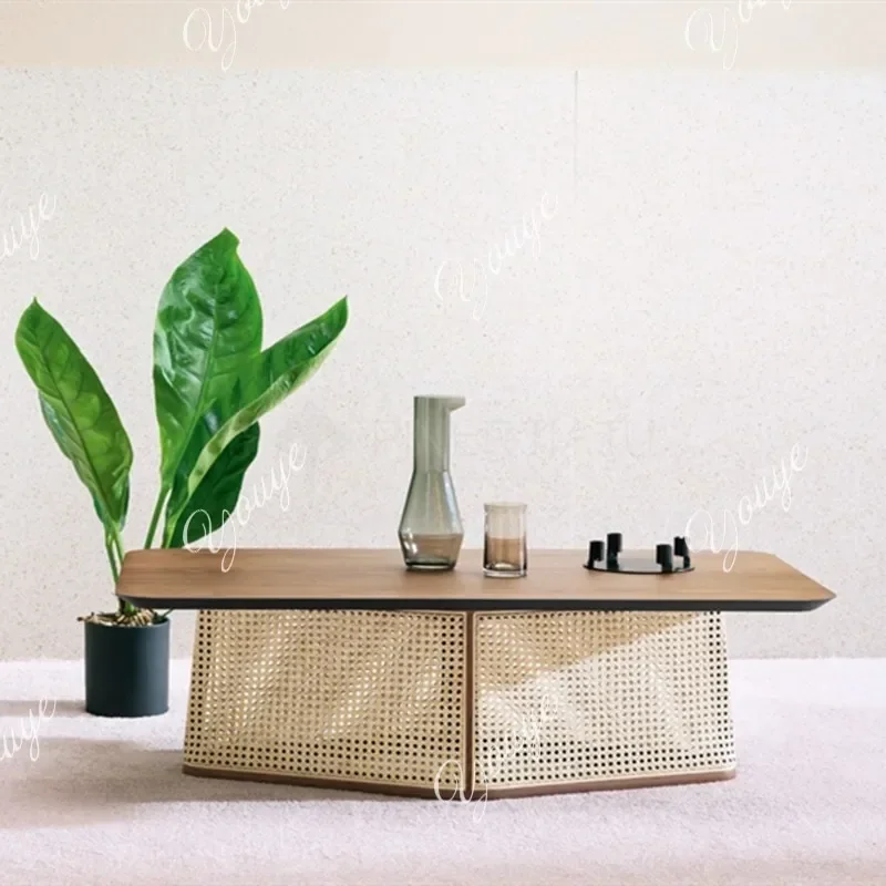 B4 XA New Chinese Living Room Solid Wood Rattan Rectangular Coffee Table Modern Simple Side Table Casual Negotiation Table
