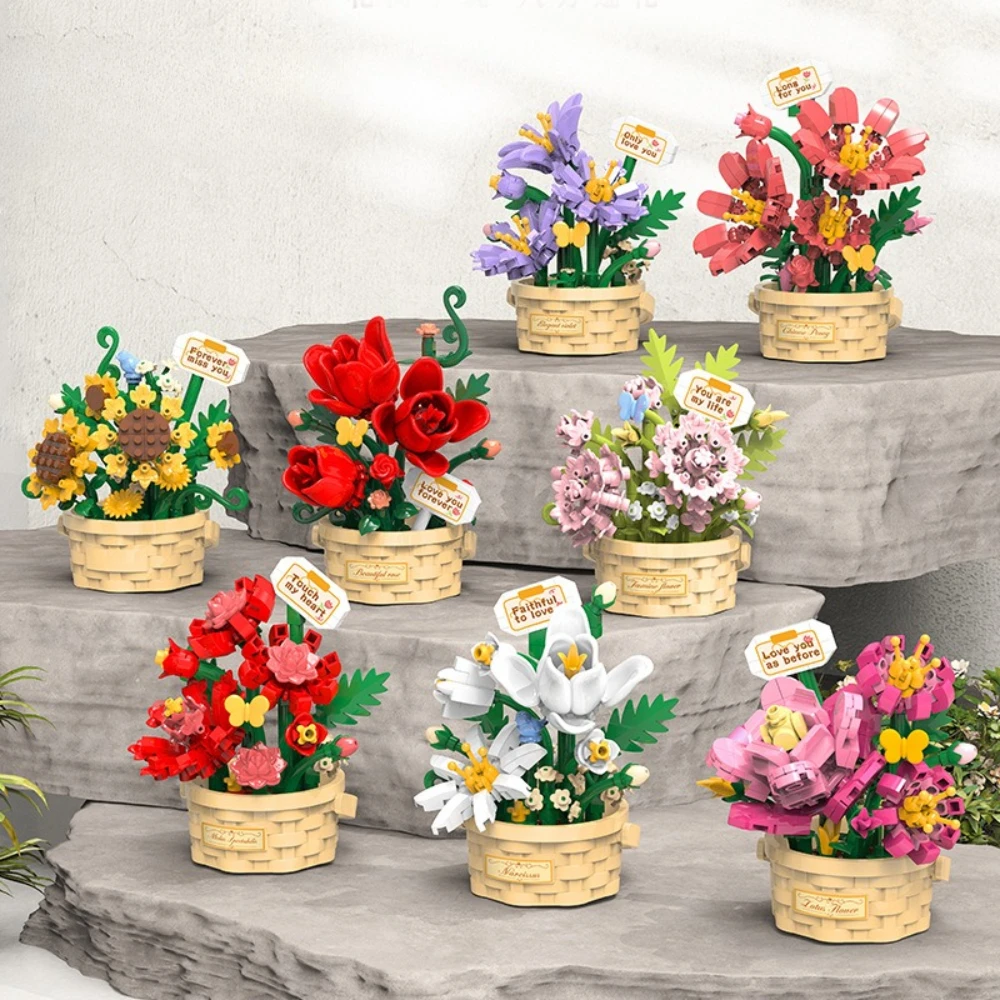 

MOC Flower Room Narcissus Peony Violet Building Blocks Set Cactus Pottery Potted Plant Toys For Children Birthday Holiday Gifts