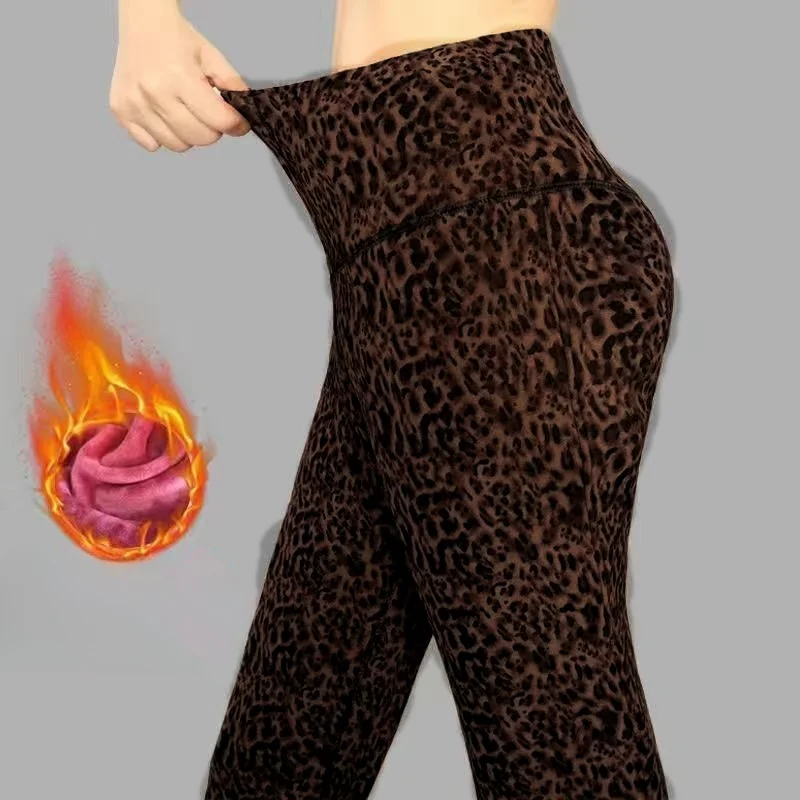 Plus size Fleece Leggings Warm Thick Pencil Pants Leopard Retro Casual Basic Trousers Women Clothes All-Match Trend Outerwear