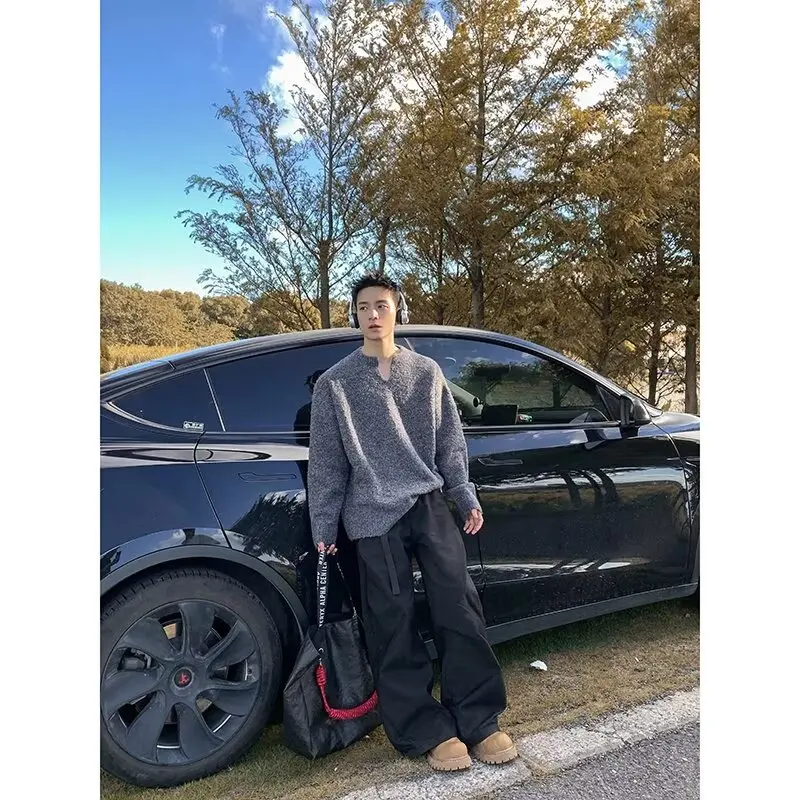 أزياء الخريف/الشتاء بالإضافة إلى حجم البلوز الخامس الرقبة طويلة الأكمام البلوز فضفاضة محبوك سترة الرجال #3