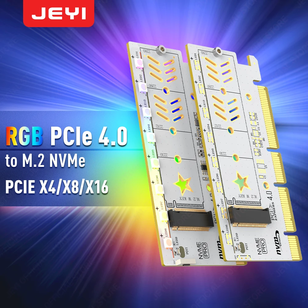 

JEYI RGB M.2 NVMe SSD to PCIe 4.0 Adapter Card, 64Gbps PCIE X4 X8 X16 Expansion Card for Desktop PC, Supports 2280/60/40/32 SSDs