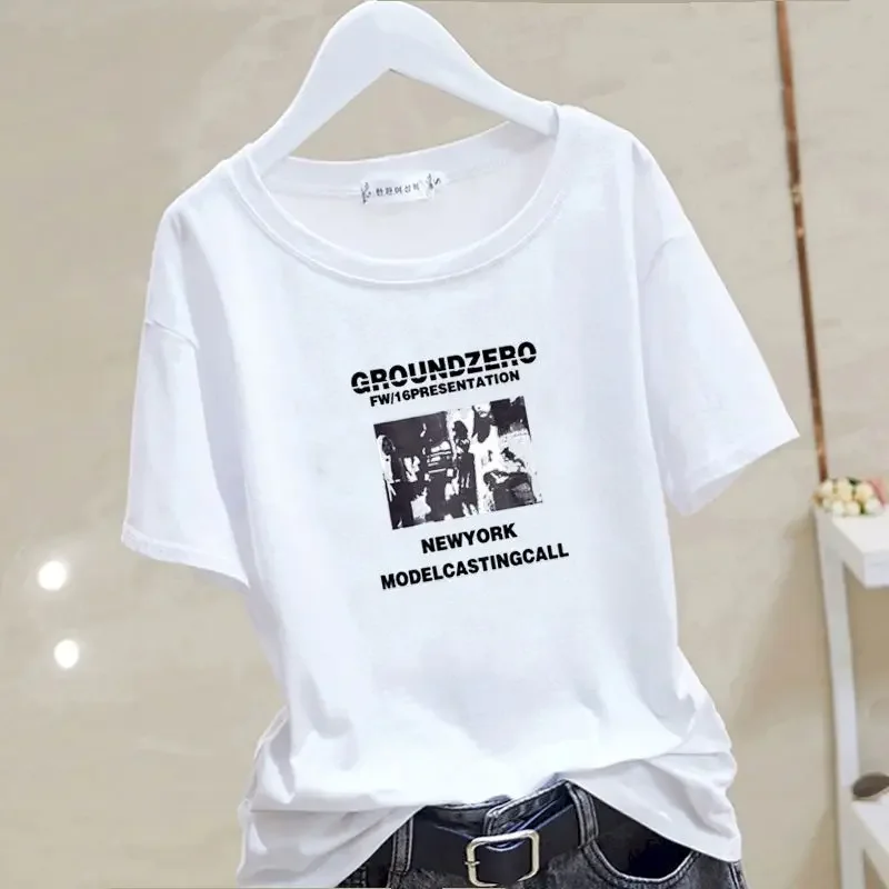 98% Cotton T Shirts Women Fashion Letter Printed O-neck Loose T-shirt Casual White Short Sleeve Tops Summer Trend Thin Tshirt