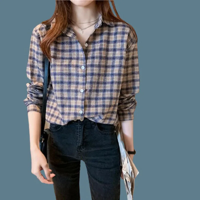 Vintage Alle-spiel Plaid Shirt für Weibliche 2022 Frühling Kleidung der Frauen Koreanische Einfache drehen-unten Collarlong Hülse casual Blusen