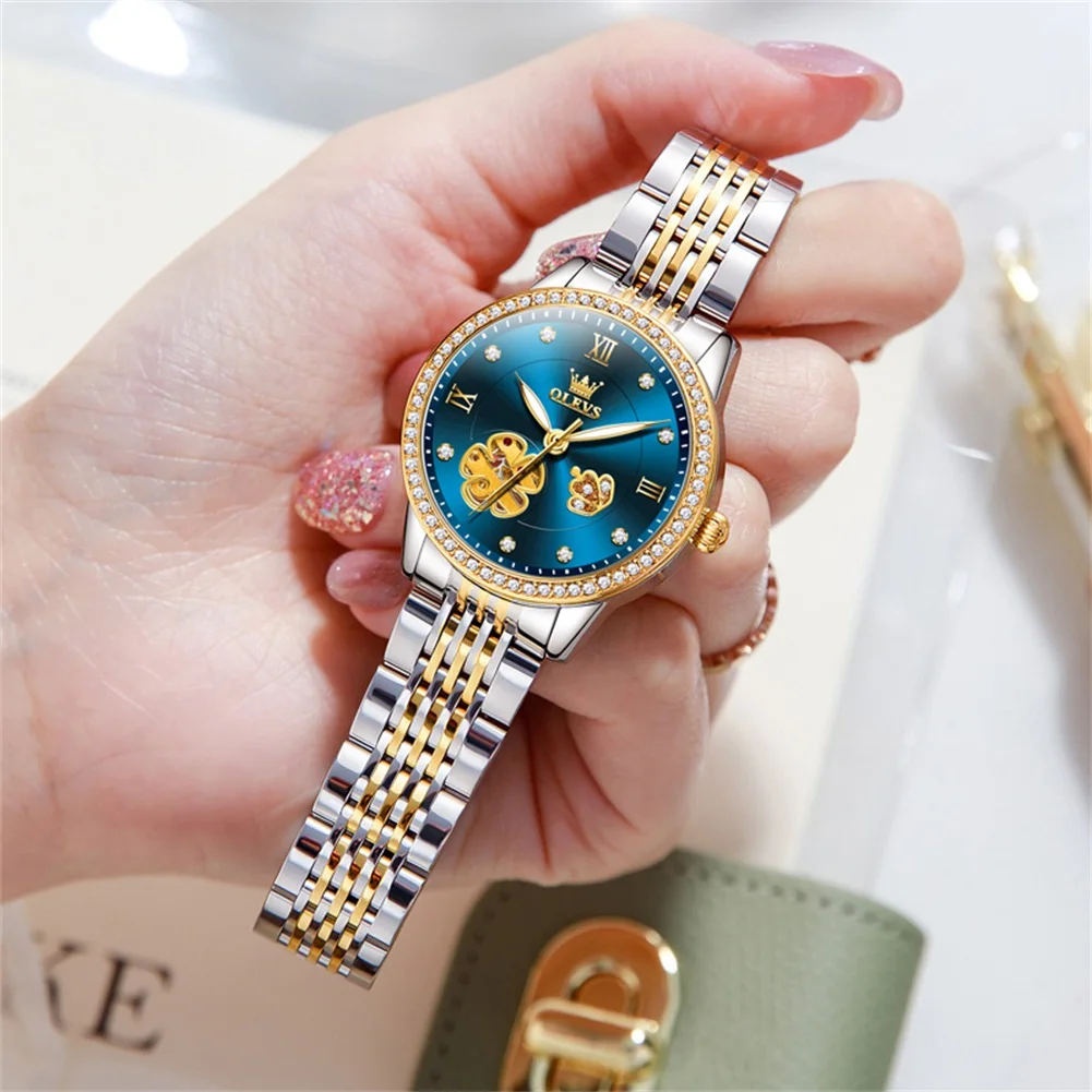 OLEVS Rhinestone Mechanical Automatic Women Watch Top Luxury Brand 33mm Stainless Steel Strap Watch for Ladies Wriswatch