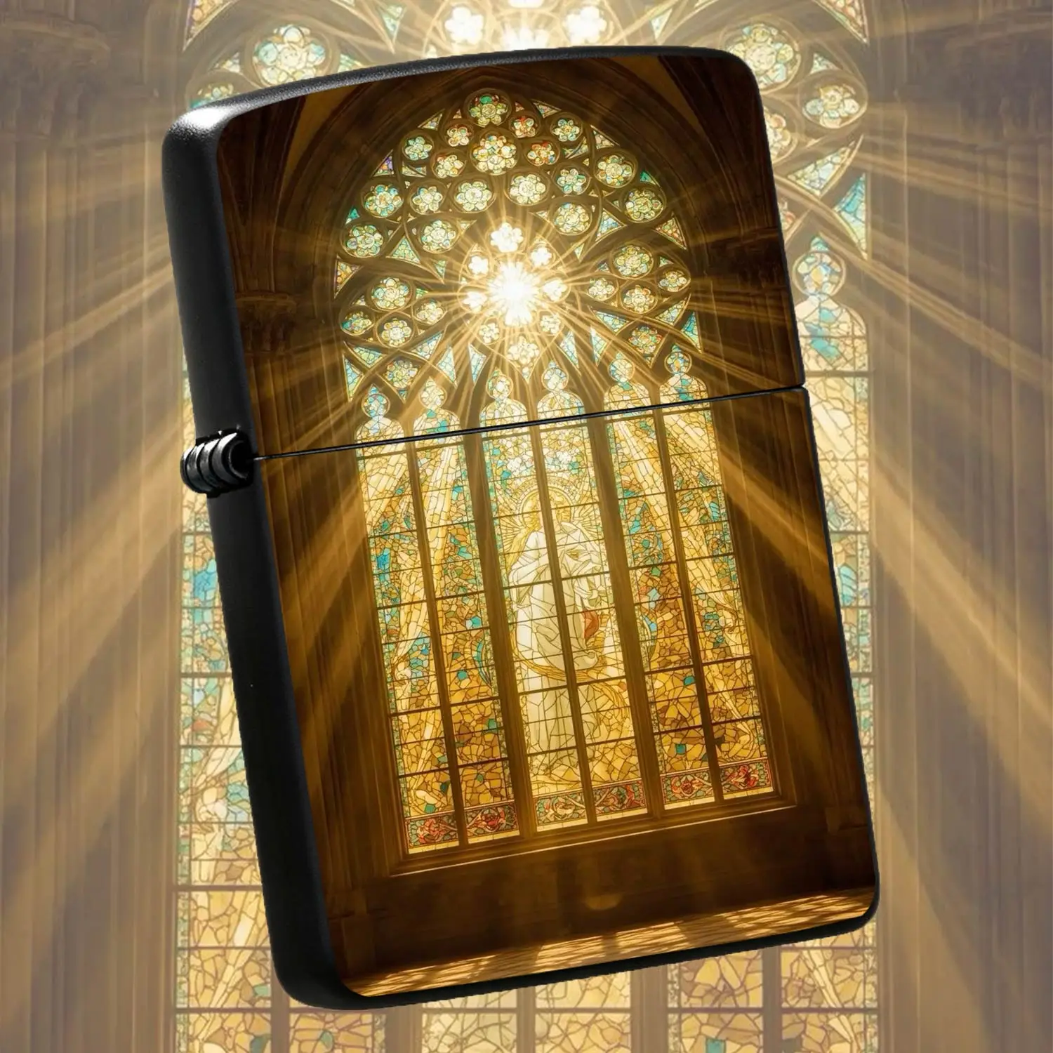 Retro Church Stained Glass Light Pattern Portable Lighter, Artistic Exquisite Print Design, Multi-Scenario Applicable For Daily Use, Perfect Gift For Collection, Daily Carry, Travel, Home Decor, Festival Present For Art Lovers, Unique Aesth