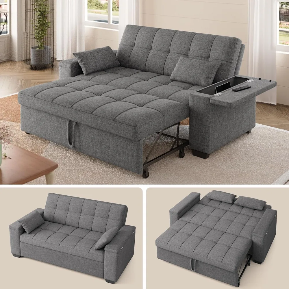 

Convertible Sofa Bed Futon, Queen Size Sleeper Loveseat with Pull Out Couch, 3 in 1 Linen Fabric Futon Couch with Side Pockets,