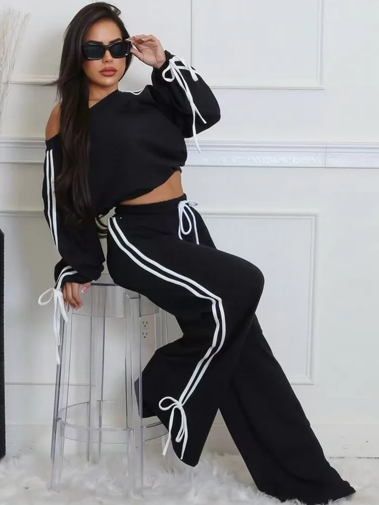 2 قطعة مجموعات النساء مطابقة مجموعات قطعتين مجموعات بلوزات وواسعة الساق السراويل الدعاوى وتتسابق الملابس 2025 جديد وصول الخريف الشتاء