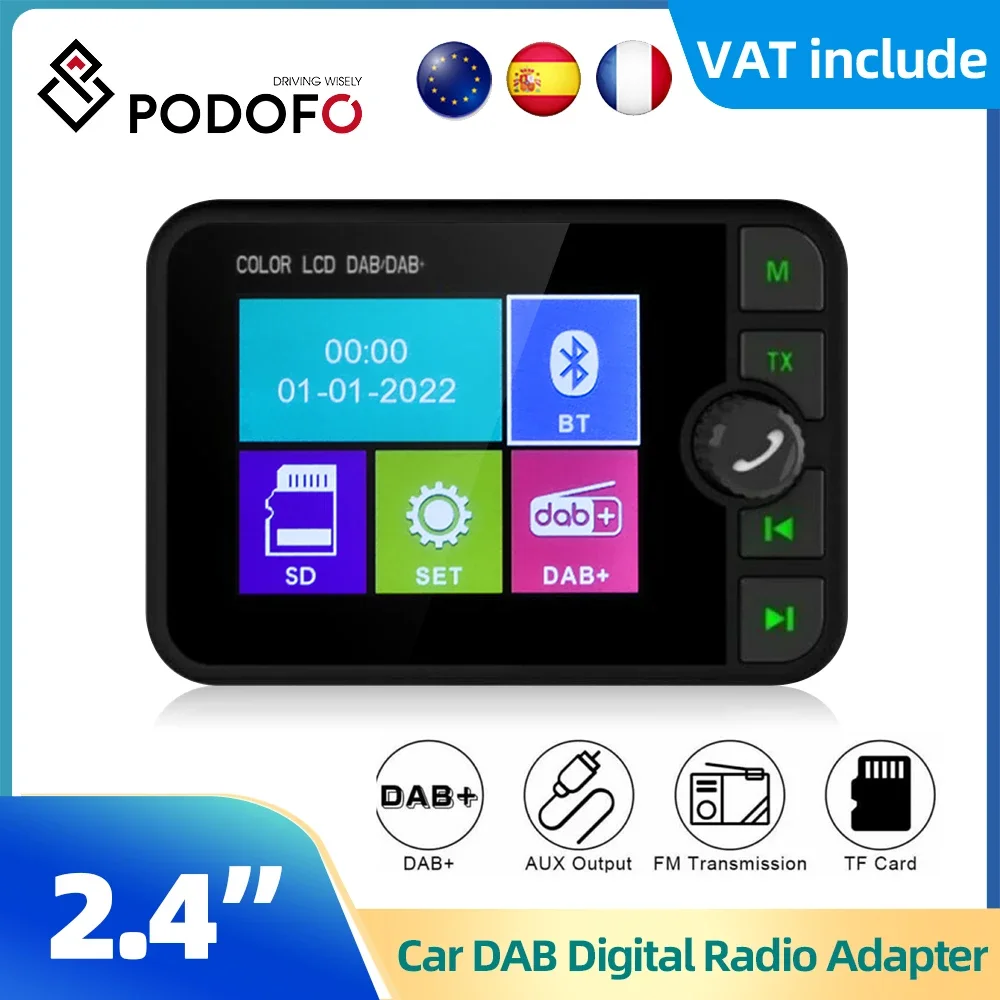 Podofo 2.4” Color Screen DAB/DAB+ Digital Car Radio For European Cars Video Display FM Transmitter AUX Digital MP3 Receiver