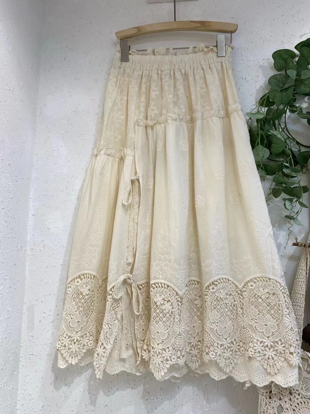 Spring Summer Vintage Hollow Out Embroidered Cotton Lace Skirt Women Elastic Waist Midi Skirt