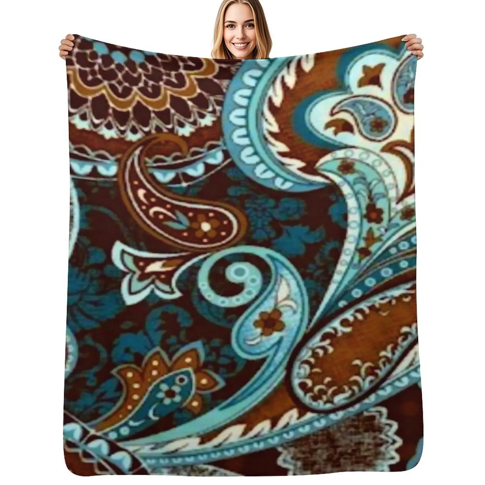 Turquoise Brown Vintage Paisley Throw Blanket Portable Lightweight Blanket for Travel Camping
