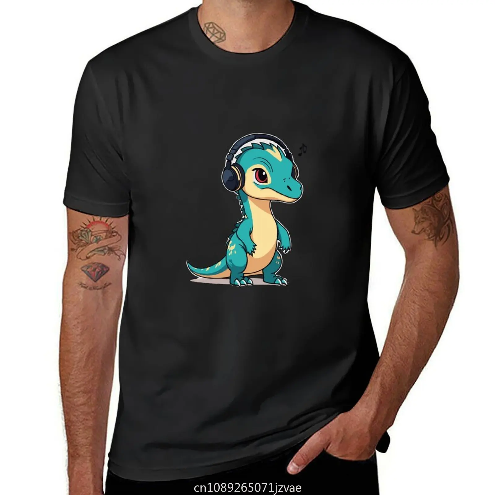 Velociraptor Dinosaur listening to music T-shirt plus sizes vintage clothes funnys mens vintage t shirts