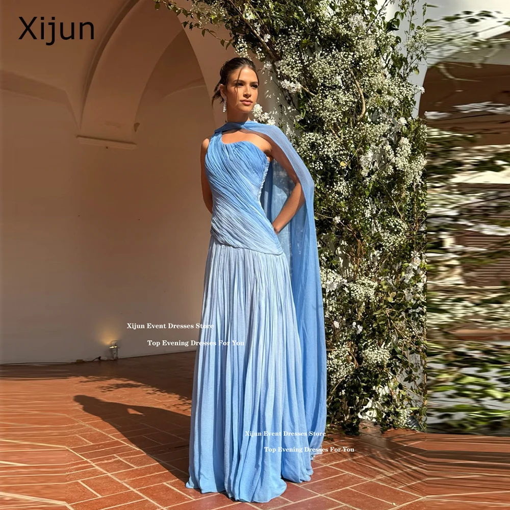 Xijun Blue Gradient Chiffon Evening Dresses Modern A-Line Cape Sleeves Prom Dresses Floor Length Formal Prom Gowns Customized