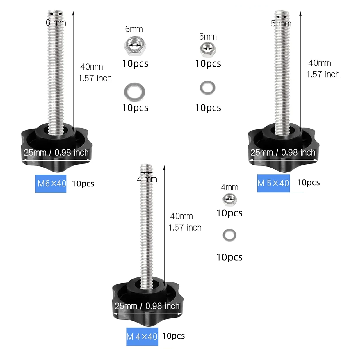30Pcs M4 M5 M6 25Head Type Hexagonal Plum Blossom Screw Star Shaped Hand Knob Screw Threaded Clamping Knob With Nut And Washer