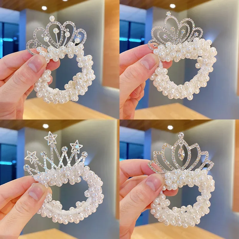 Pearl Crown Hairties White Pearl Beads Hair Scrunchies Elastic Beaded Ponytail Holder Crystal Princess Hair Rope Accessories