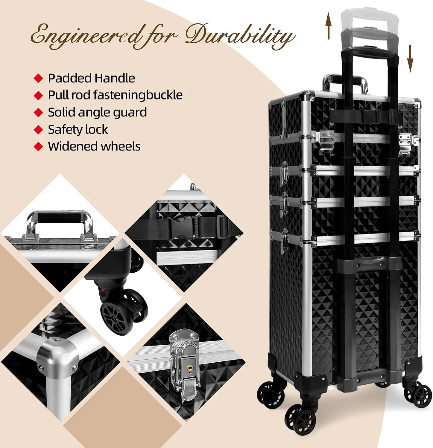 Rolling Makeup Train Case, Cosmetic Trolley Luggage Box, Salon Beauty Barber Tool Storage Organizer, Multi Layer Detachable Caster Wheel Holder, Classic Style, Solid Black, 1 Pack view 7