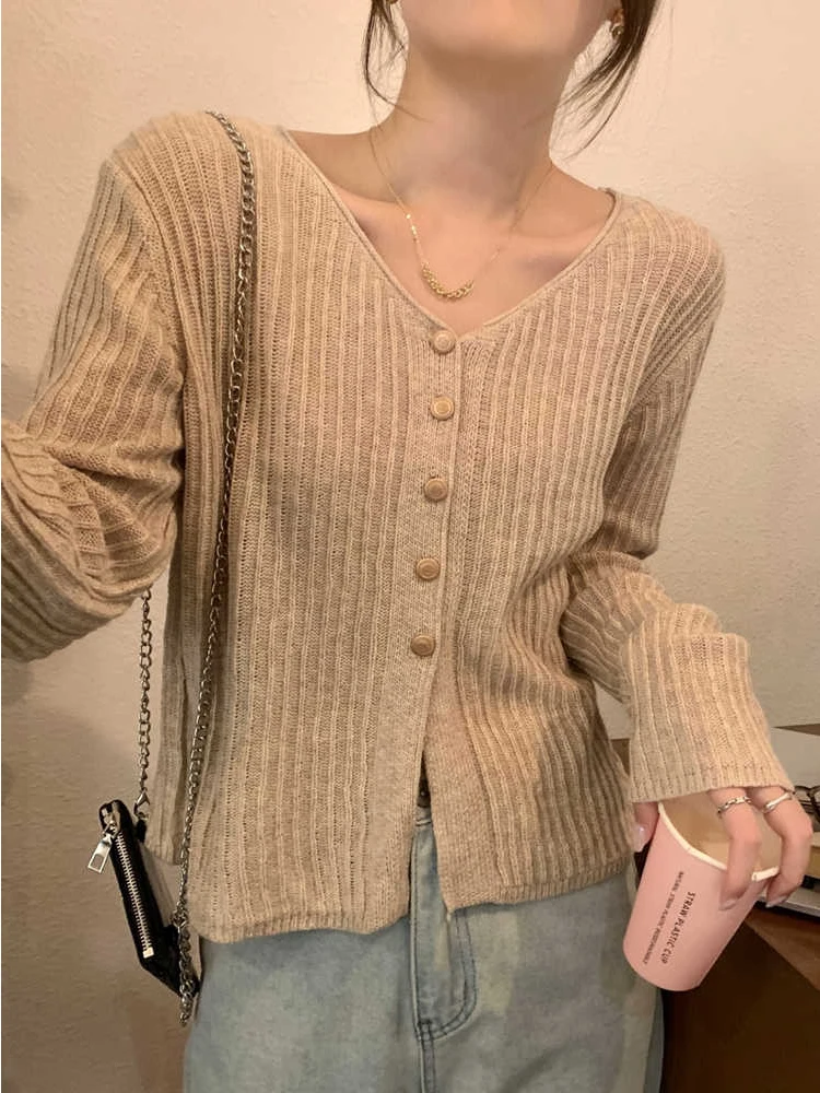 

Женский вязаный свитер Oaeal с V-образным вырезом и разрезом на плече, новинка ранней осени, базовая модель, для повседневной носки, в уличном стиле