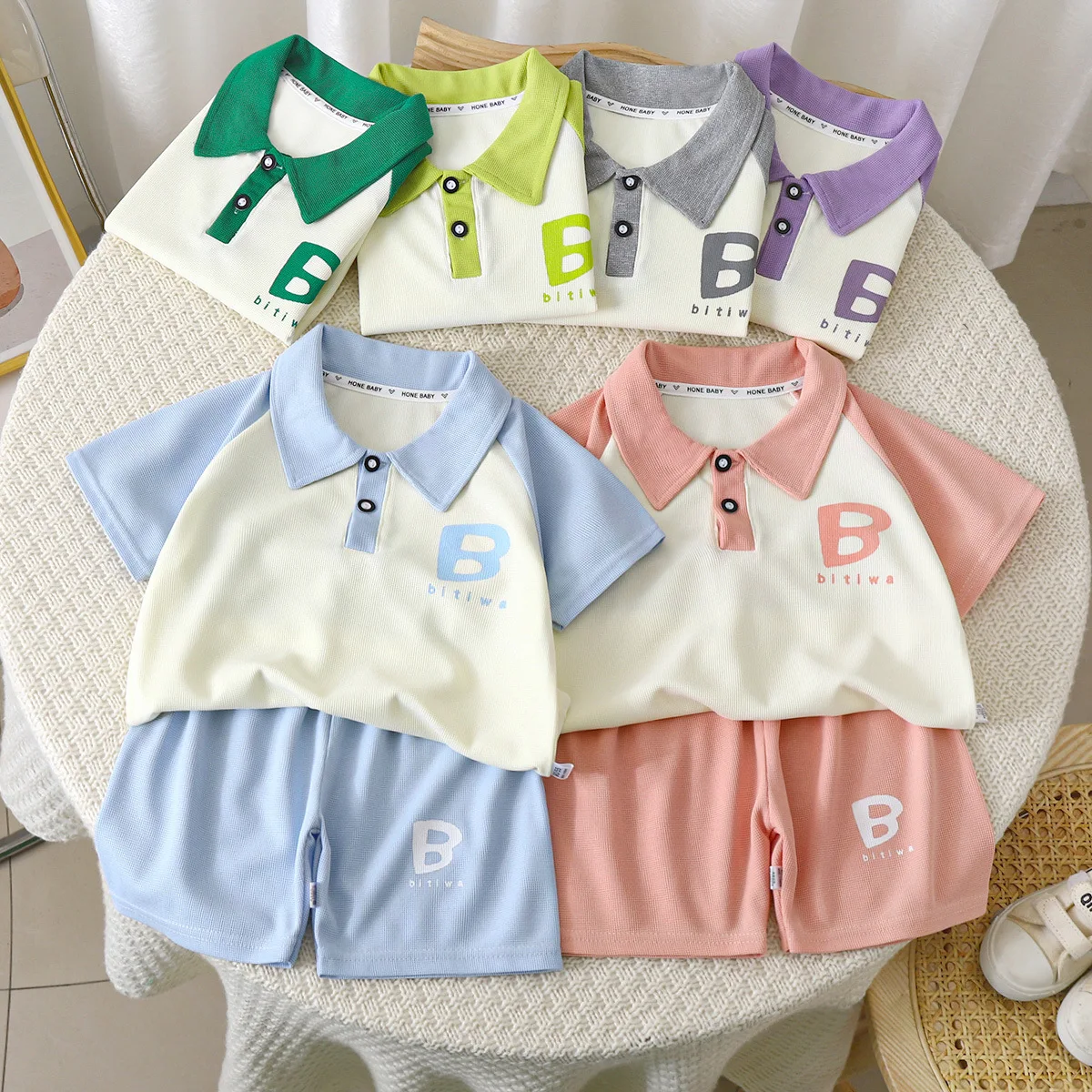 Children Short Sleeved Set Summer Boys Polo Collar Sportswear Waffle Fabric Fashion Girls Shorts Set Two Piece Kid Clothing