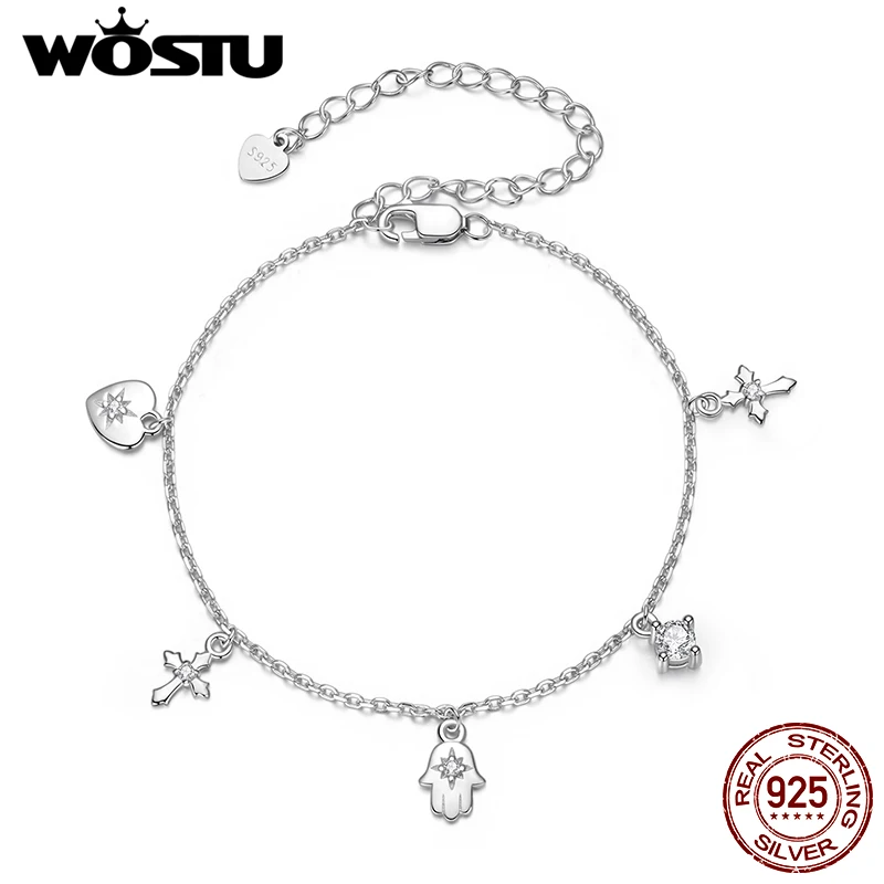 

WOSTU стерлингового серебра 925 пробы Хамса Рука Фатимы крест браслеты-подвески, женская гексаграмма циркон цепочка звено женский праздник счастливый подарок