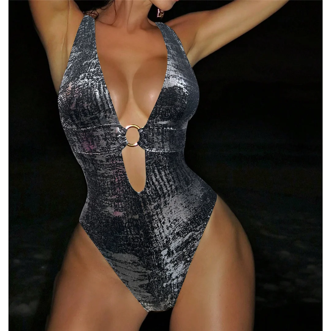 Sexy goldener Badeanzug mit tiefem V-Ausschnitt, hohem Beinausschnitt und offenem Rücken, einteiliger Badeanzug für Damen, Monokini, Badebekleidung, Badeanzug, Modell V6690. – Detail 22