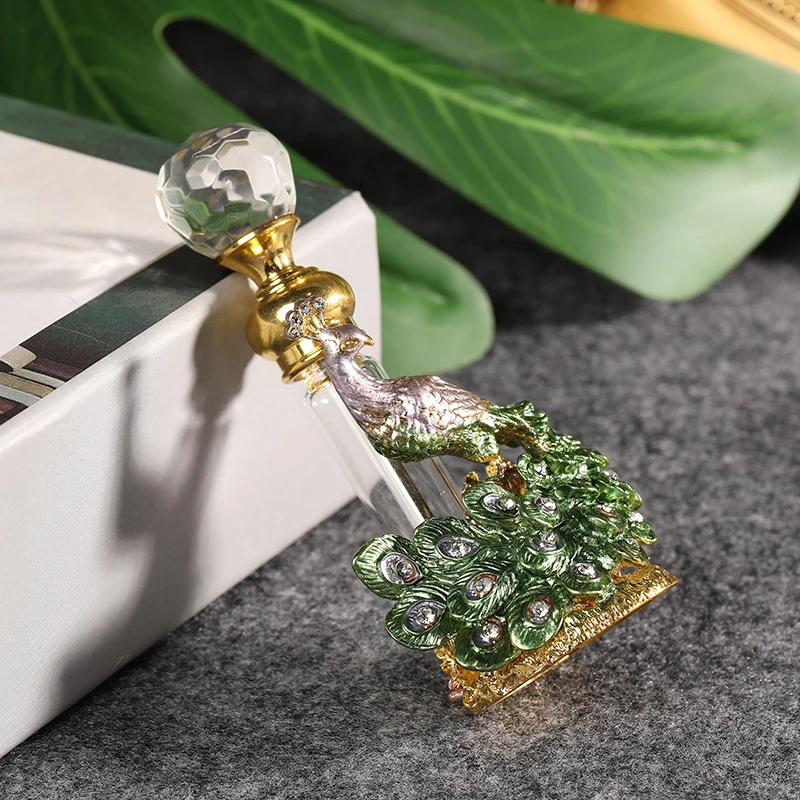 7ml 3D Peacock Refillable Empty Perfume Bottle Metal Enamel Green&Gold Sculpture Decor Diamond Cap Clear Tube Dripper Gift Box