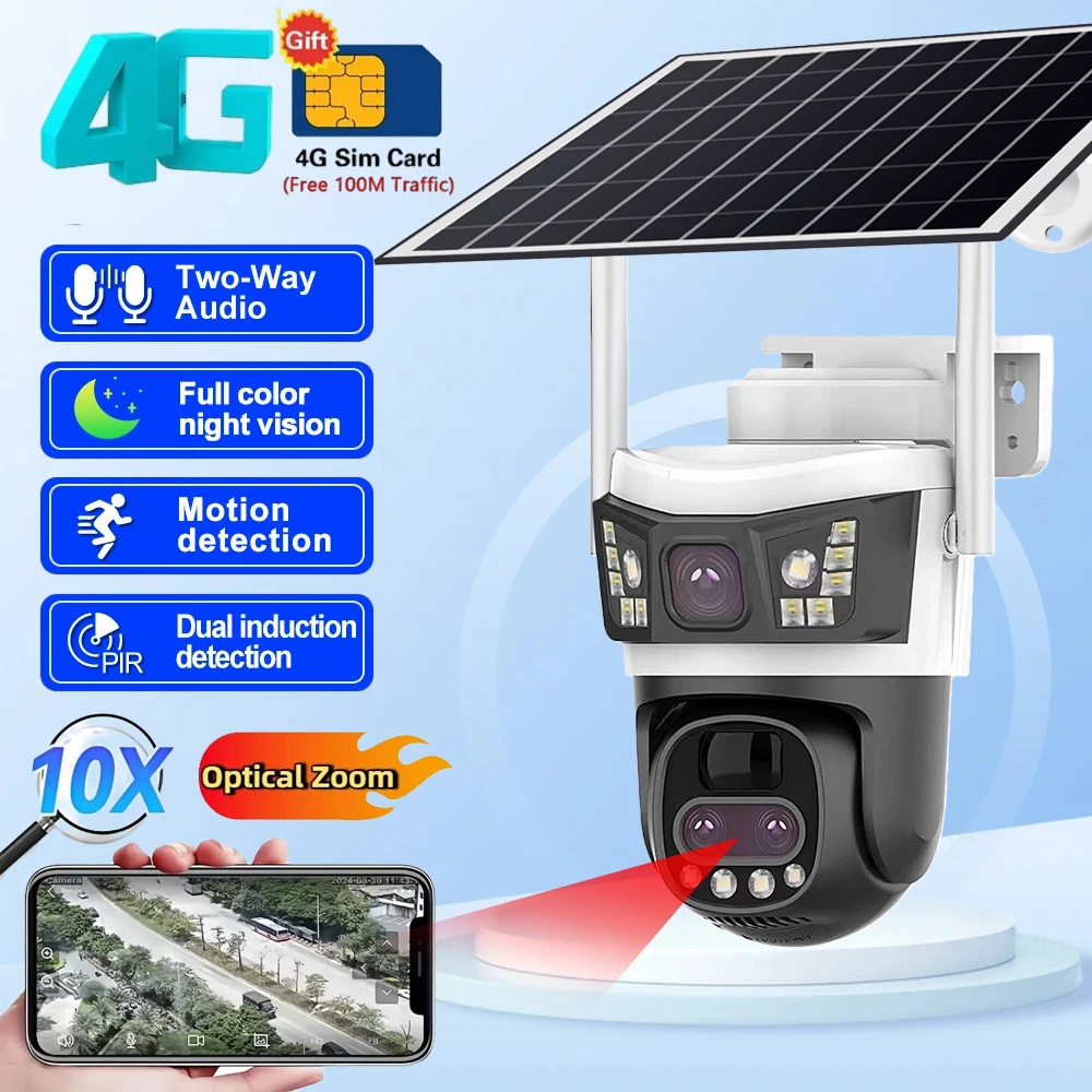

Outdoor 10X Optical Zoom Solar 4G Camera With Sim Card 12MP 6K Dual Lens Three Screen PIR Human Detect Cameras Security Protecti