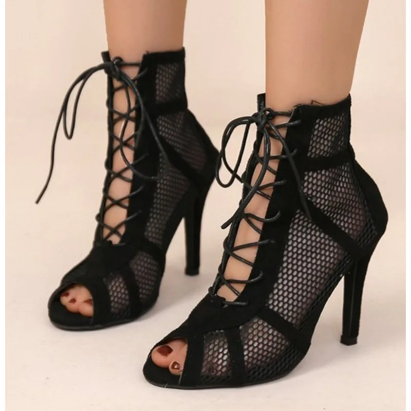 Sandales à talons hauts découpés en maille pour femmes, chaussures de danse haut de gamme, salsa et tango de salon, mode fille, fête, été, nouveau, pupms