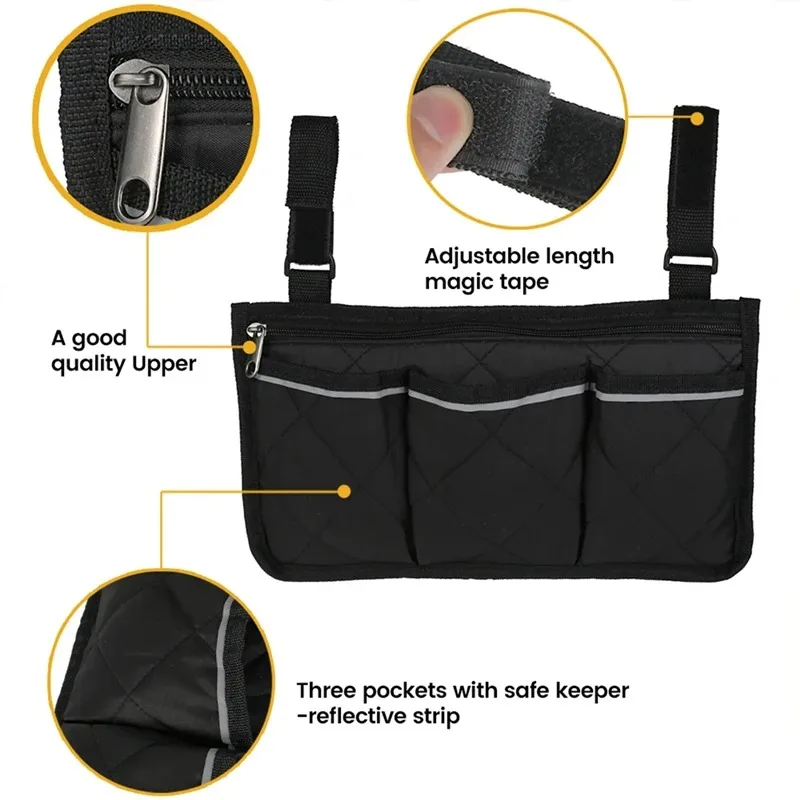 Wheelchair Bag Waterproof Wheelchair Pouch with Secure Reflective Strip Large Capacity Walker Storage Pouch Multifunctional