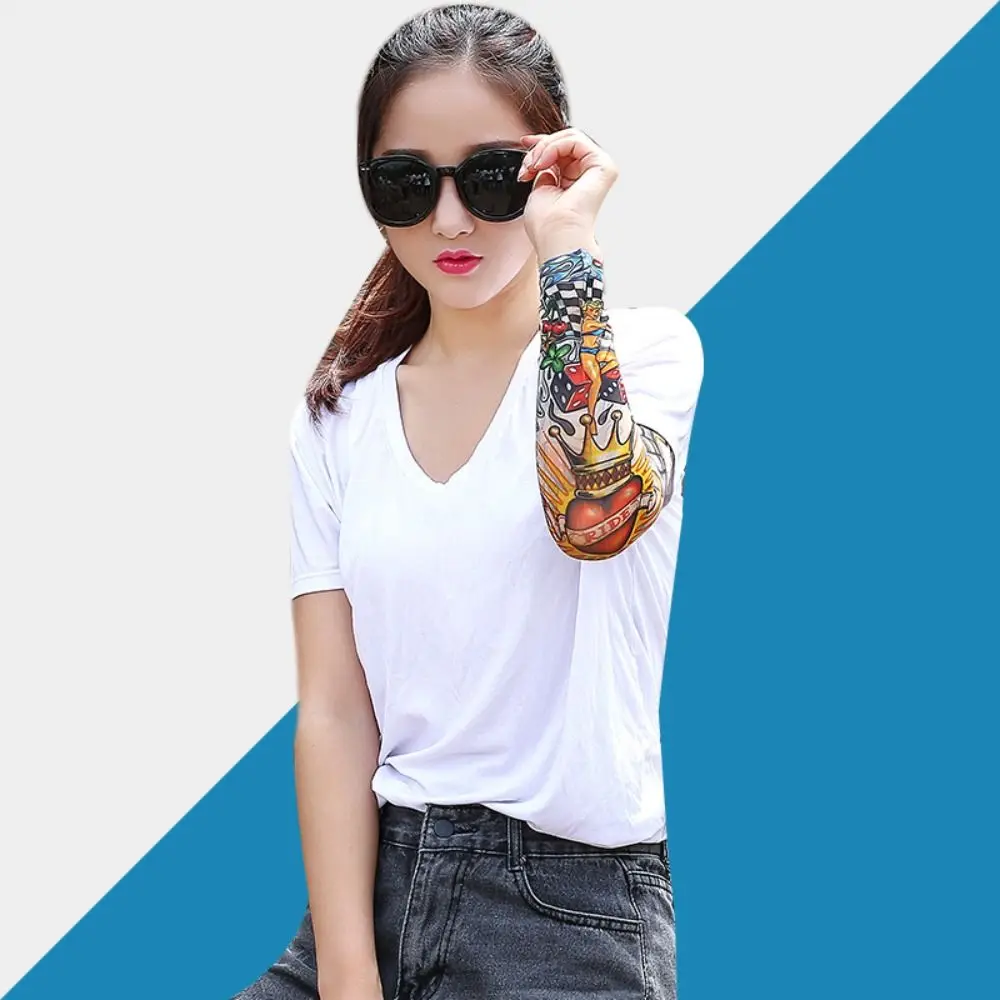 UV Protection Flower Arm Tattoo Sleeve Sunscreen Seamless Men Sunscreen Sleeve Elastic Breathable Ice Silk Arm Sleeve Outdoor