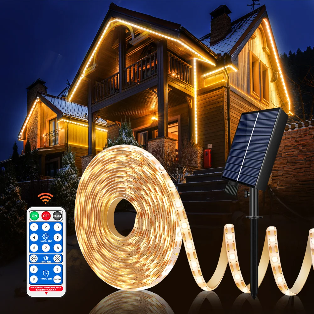 Solar Led Strip Lights. 3M 5M 10M . With Remote, 8 Lighting Modes Auto ON/Off, IP67 Waterproof  ,DIY For Fence,Roof,Staircase,