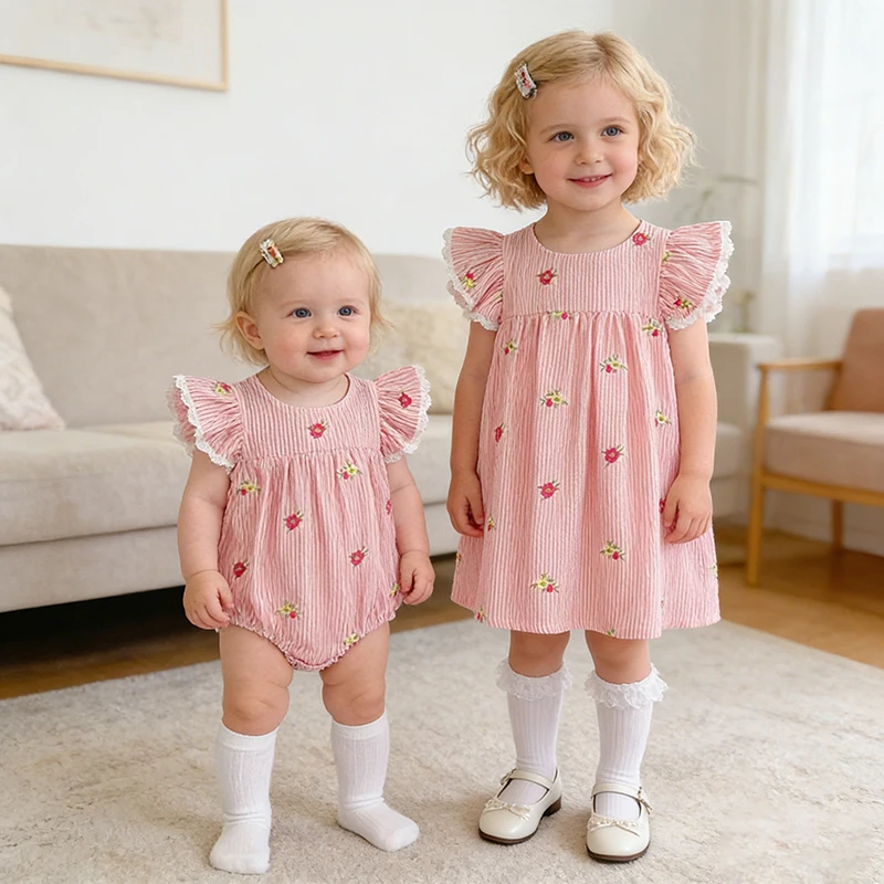 2026 Sommer 0-24M Baby Mädchen Flügelärmel Baumwolle Stickerei Baby Body 2-6 Jahre Süße Partykleider Schwesterkleidung – Detail 40