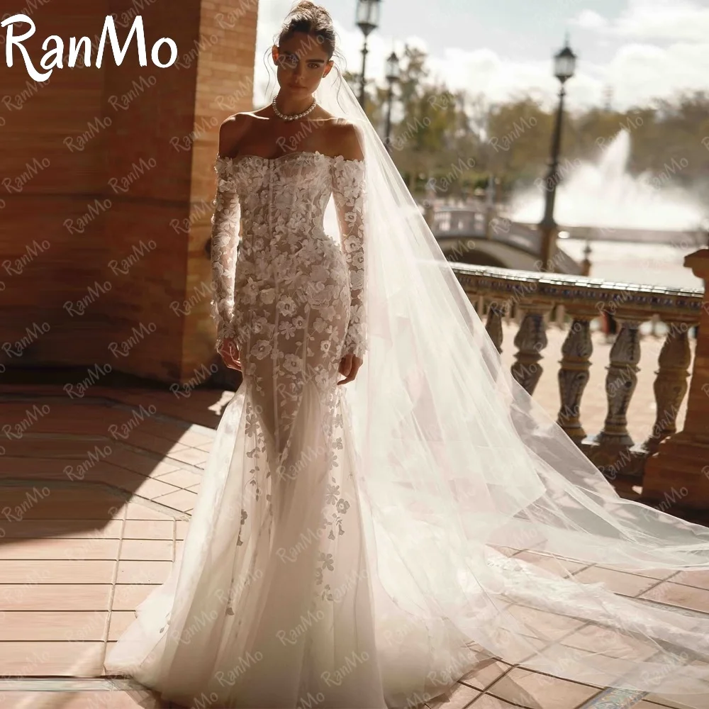 

Ranmo 2025 Exquisite Wedding Dresses Off Shoulder Appliques Lace Mermaid Bridal Gown Full Sleeves Customized Vestidos De Novia