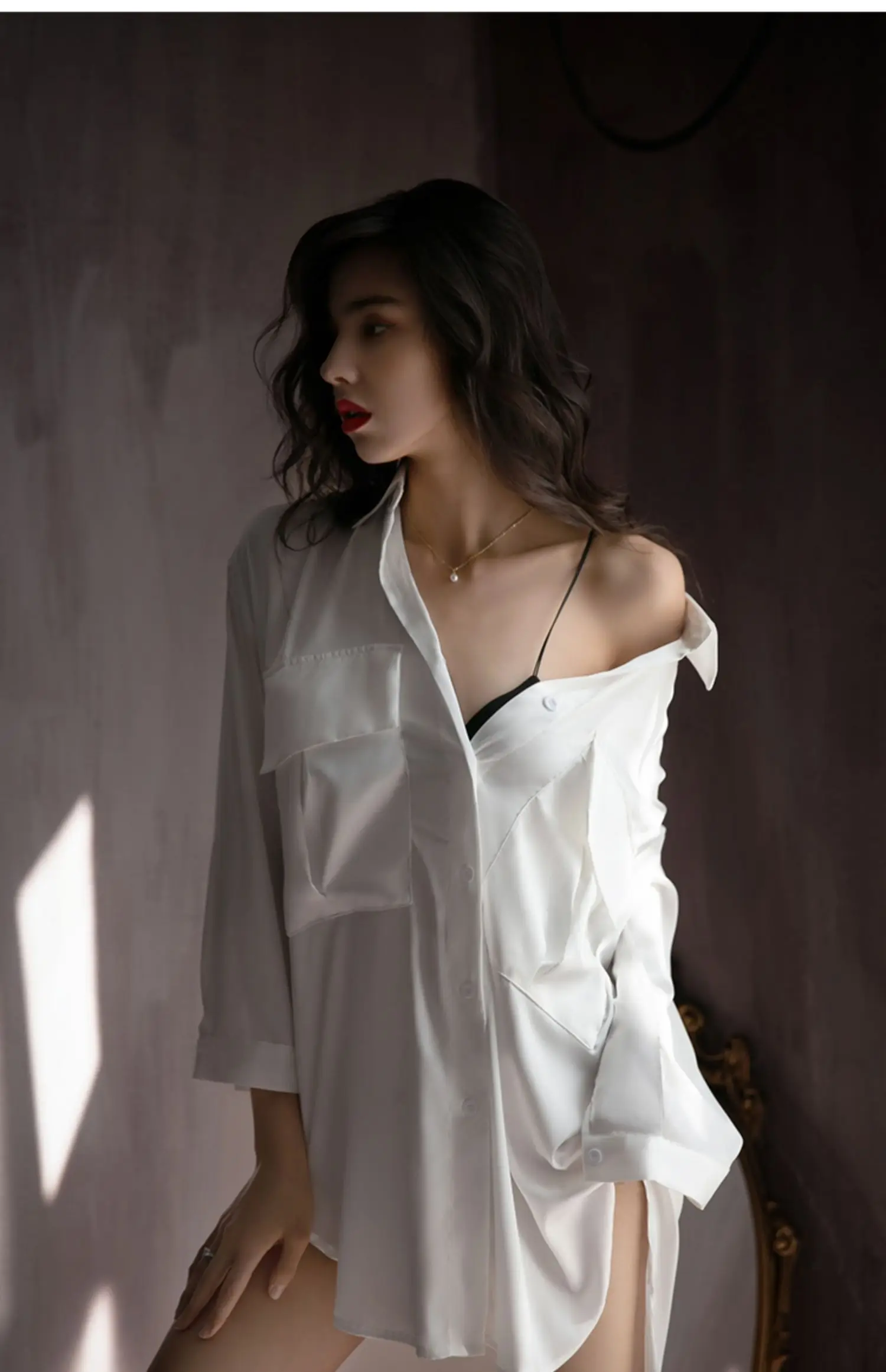 Winsleter, Sexy Oversize Shirt Nightgown, Women Big Pockets Solid Color, Fashion Pajamas Dress, 2024 Summer Autumn New P47502QM