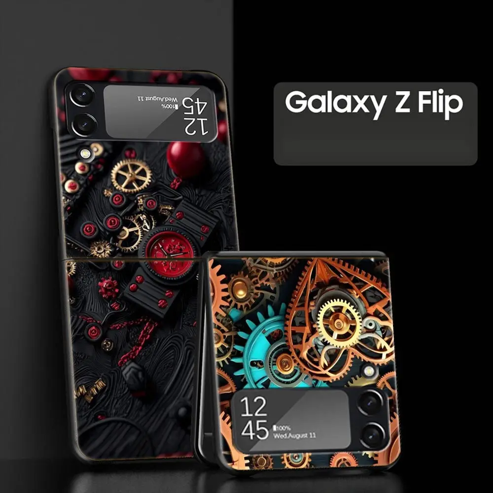 Mechanical Gear Pattern Hard PC Phone Case For Samsung Galaxy Z Flip 7 6 5 4 Black Cover For Galaxy Z Flip 3 Foldable Fundas Bag
