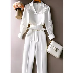 White Trousers 2 Pieces Loose Pants Suit Womens Two Peice Sets Vintage Long Sleeve Shirt Autumn Blouse Sleeve Korean Top 691