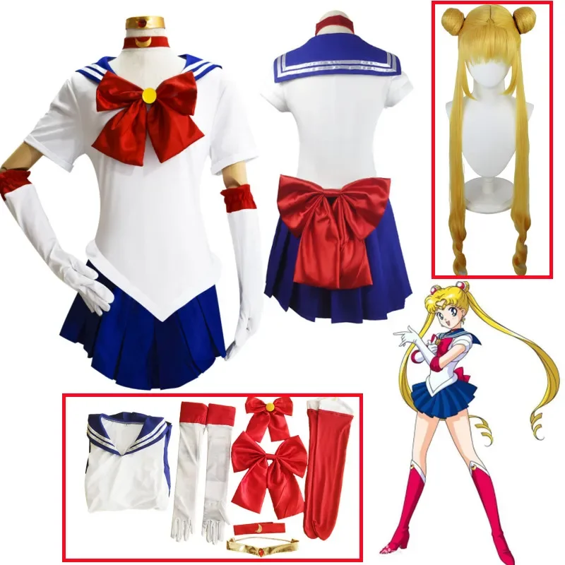 Anime Sailor Moon Cosplay Costume Tsukino Usagi Uniform Dress Outfits Cosplay Yellow Wig Halloween Carnivl Party Women Kids