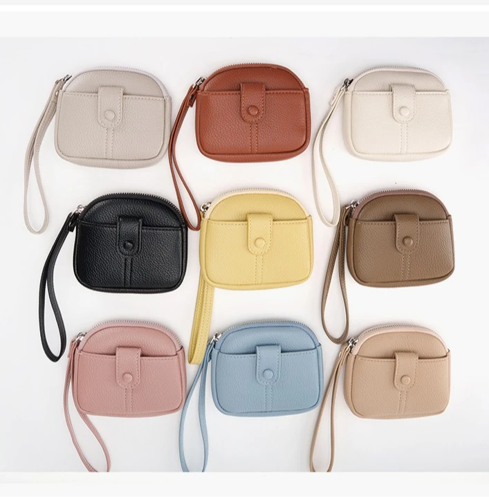 Candy-colored PU soft leather round women's coin purse, keychain, card, coin storage, hand-held rope, women's wallet