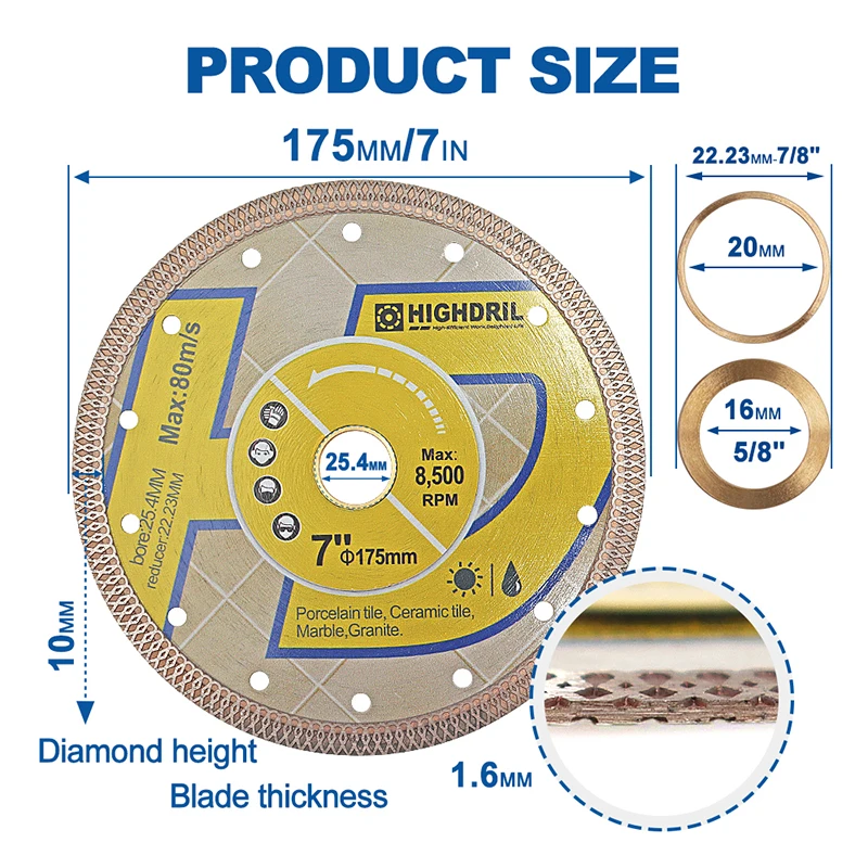 HIGHDRIL 다이아몬드 드라이 커팅 디스크, 세라믹 타일 화강암 대리석 톱날, 22.23mm 앵글 연마기, 175mm, 7 인치 X 메쉬, 1 개