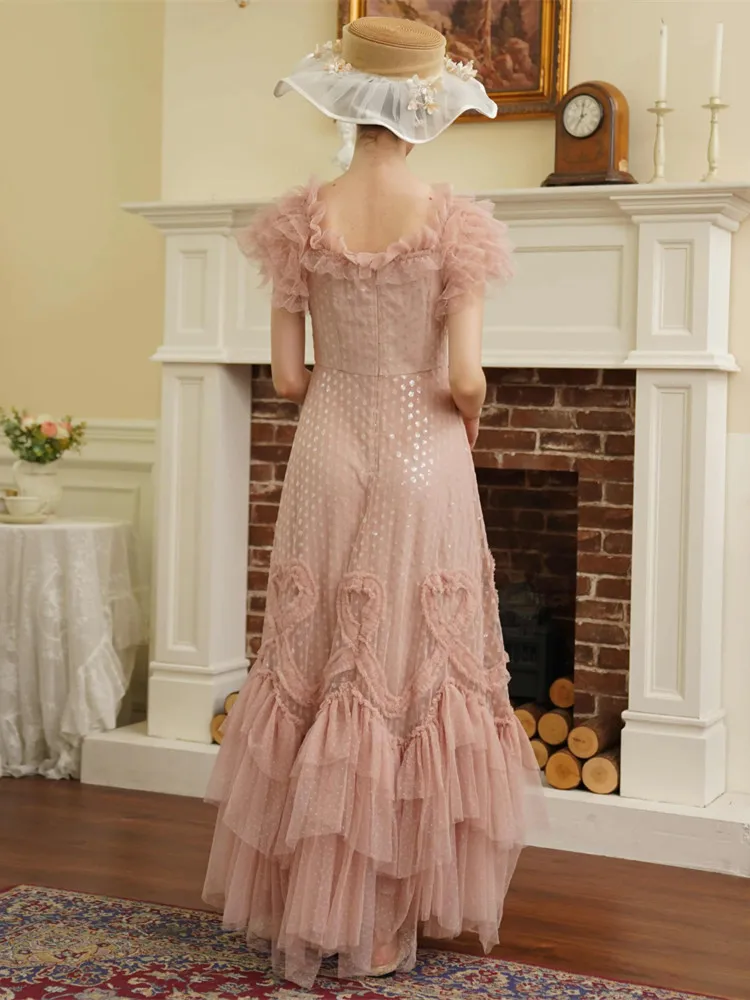 82-94cmBust Geburtstagskleid Damen Vintage ElegantSlim Handgemacht Perlen Herz Pailletten Extra großer Saum Romantisches leichtes Hochzeitskleid