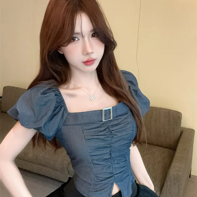 

Универсальная рубашка в корейском стиле с коротким квадратным воротником и плиссировкой, французский стиль, новая летняя женская модная рубашка