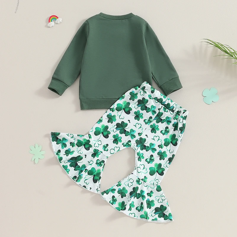 Stylish Toddler Girls St Patrick s Day Outfit Long Sleeve Top and Flared Pants Set with Shamrock Print