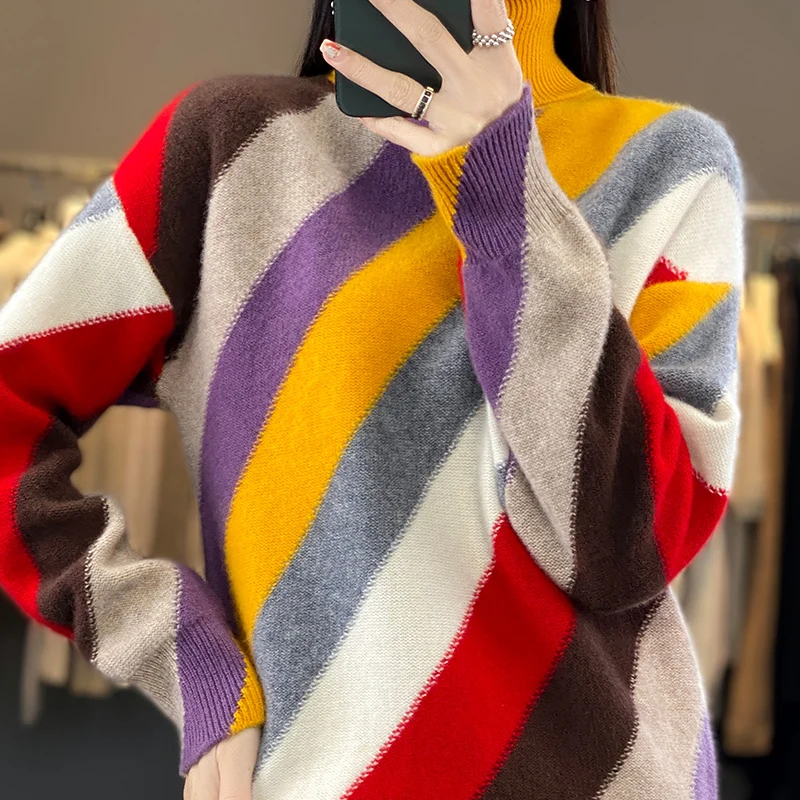 Autumn and winter new women's 100% merino wool turtleneck color matching thick sweater knitted pullover fashion loose coat