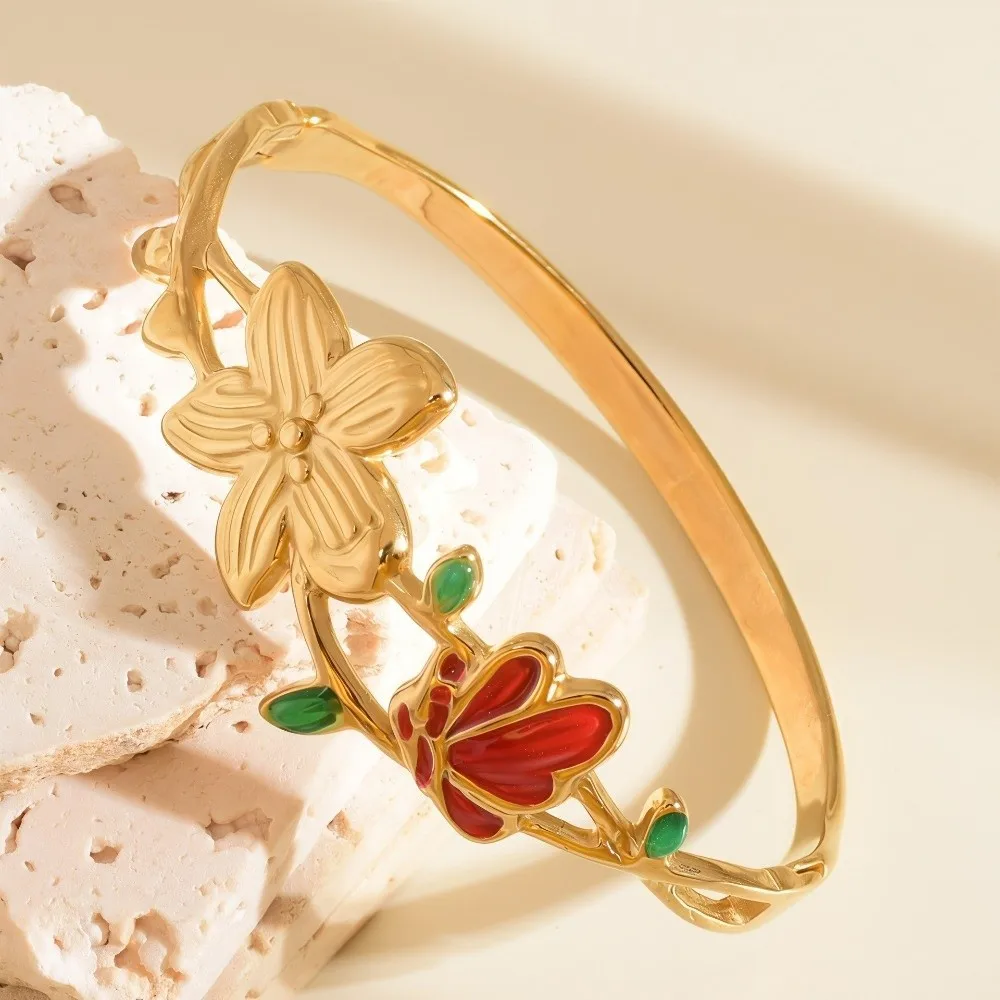 Irregular Shape Enamel Bangle Bracelet Dropped Glaze Colorful Enamel Cloisonne Bracelet Elegant Traditional Flower