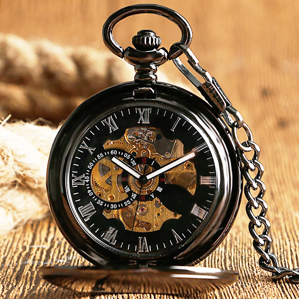 

Circle Openwork Automatic Mechanical Pocket Watch Smooth Case Self-Wind Pocket Watches Black Pendant Roman Numeral Dial Clocks