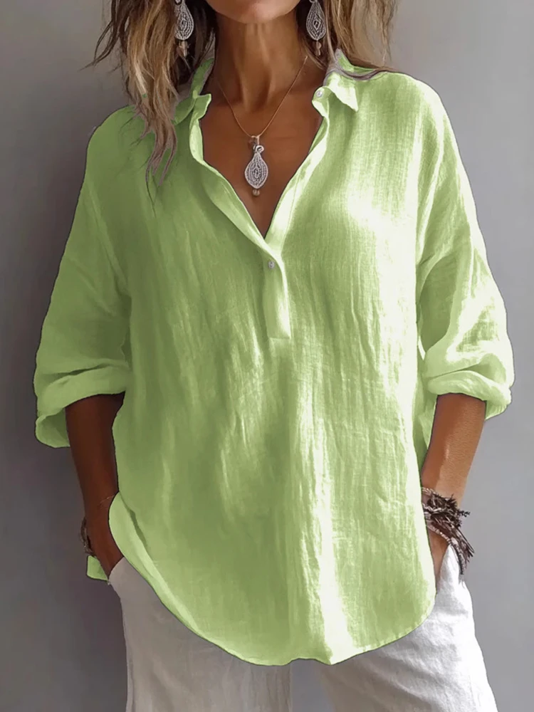 2025 여름 여성 캐주얼 블라우스 긴팔 솔리드 패치워크 레이디 블라우스 셔츠 턴다운 칼라 루즈핏 여성 우아한 블루사 탑