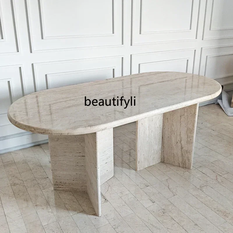 20031Travertine long oval natural marble designer negotiation table wabi-sabi dining table custom-madeQ