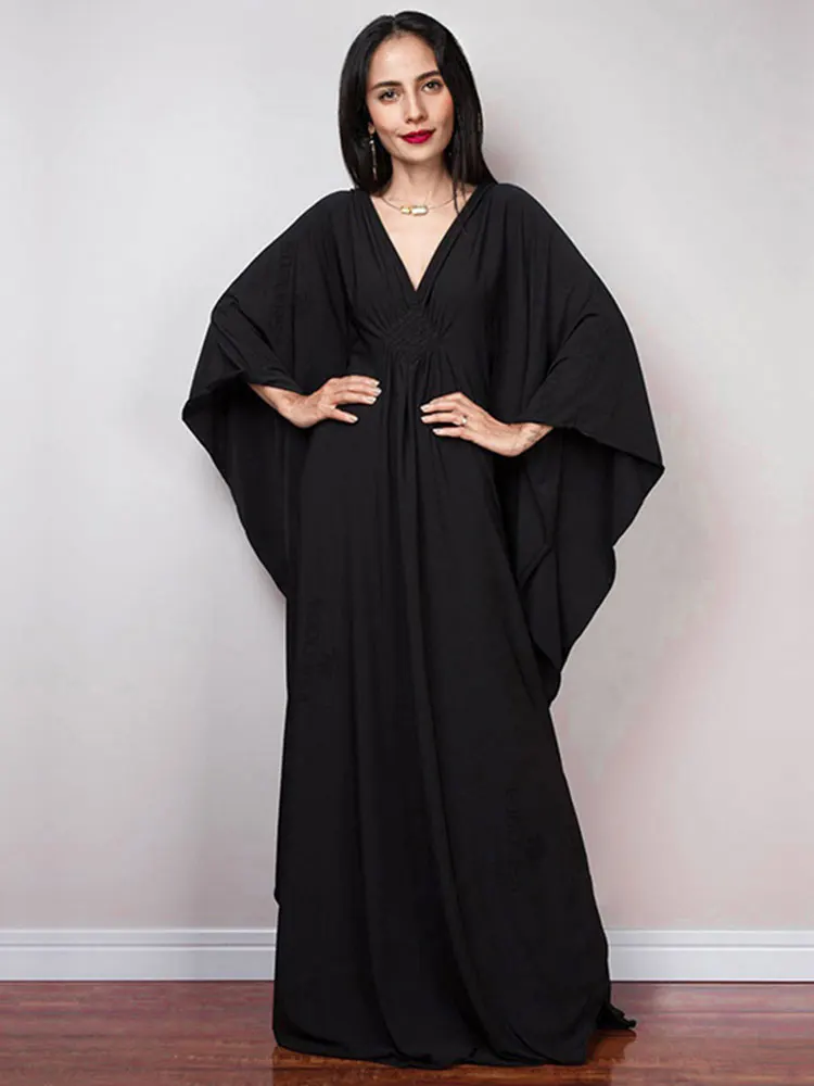 2023 Solid V-neck Batwing Sleeve Plus Size Kaftan Loose Maxi Dresses Women Summer Beachwear Bathing Robe Soft House Dress N1306